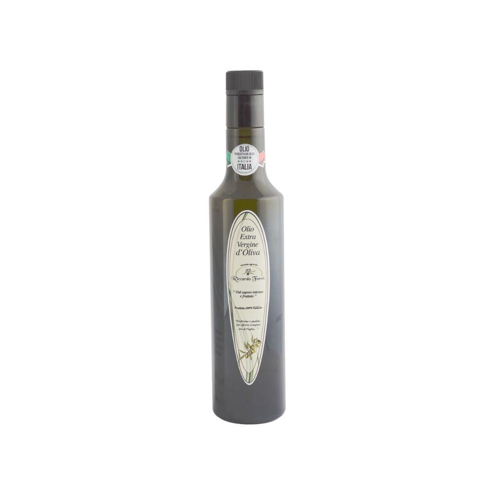 Bottiglia da 500 ml con tappo antirabbocco di olio extra vergine d'oliva 100% italiano